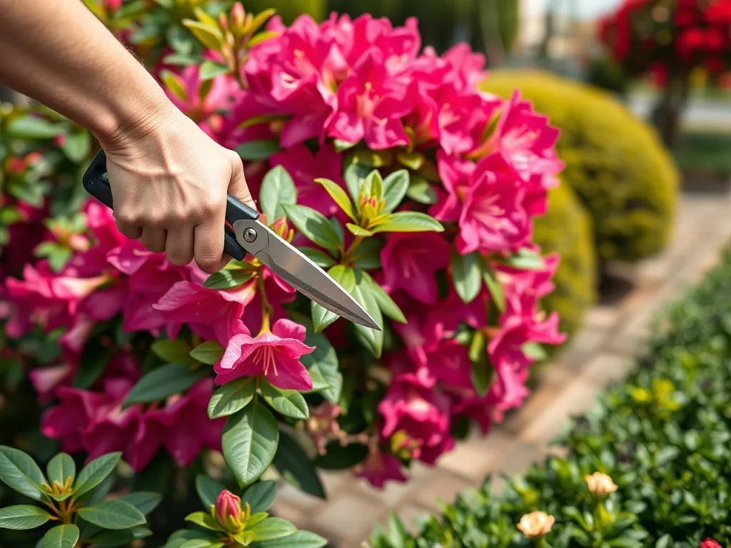 Ogrodnik delikatnie przycina kwitnący rododendron sekatorem, pokazując prawidłowy sposób wiosennego cięcia krzewu.
