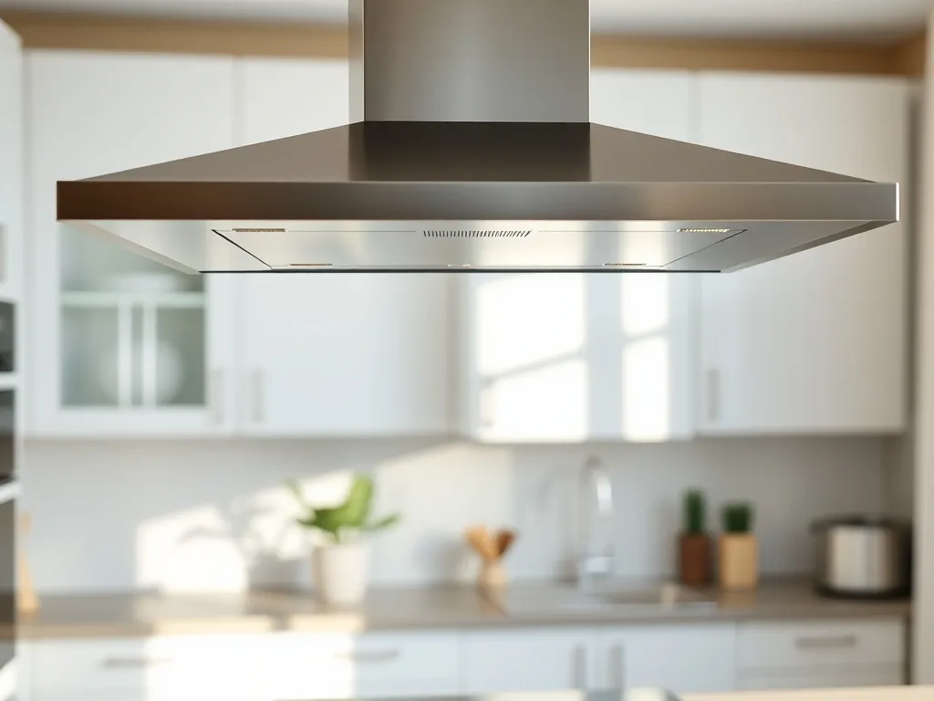 Nowoczesna kuchnia z eleganckim okapem nad płytą grzejną, podkreślającym różnicę między wyciągiem a pochłaniaczem