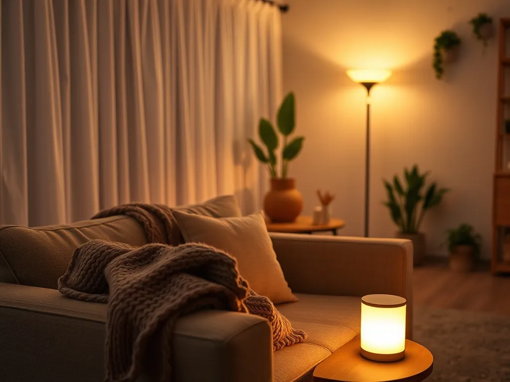 Przytulny salon wieczorem z miękkim, ciepłym oświetleniem lamp stołowej i podłogowej, sofą z kocem oraz drewnianym stolikiem.