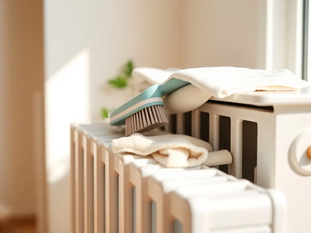 Delikatne czyszczenie wnętrza białego grzejnika z kurzu za pomocą szczotki i ściereczki z mikrofibry