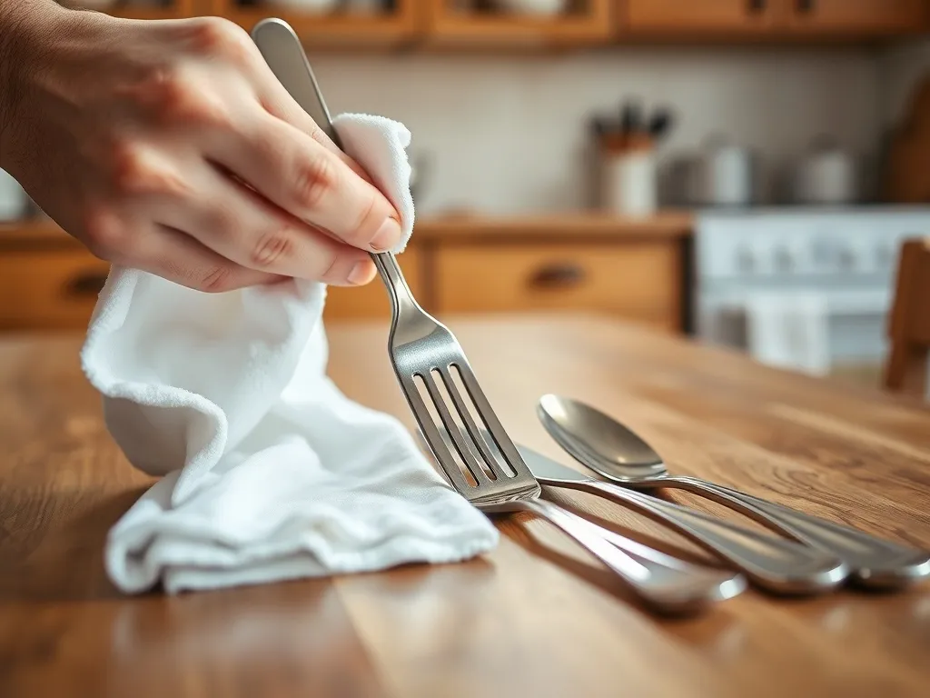 Dłoń poleruje srebrny widelec miękką ściereczką, obok leżą lśniące sztućce na drewnianym stole w jasnej kuchni.