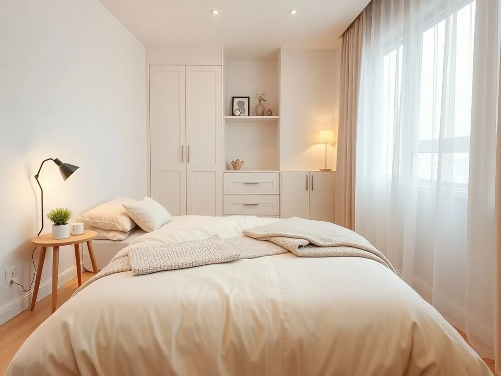 Przytulna sypialnia 8m2 w stylu skandynawskim z łóżkiem, lampką nocną i dużym oknem, urządzona jasno i minimalistycznie.