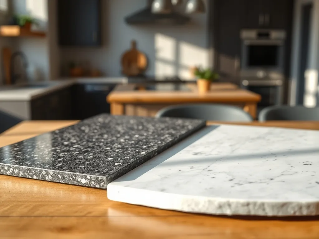 Próbki ciemnego granitu i jasnego kwarcytu na stole, ukazujące różnicę w strukturze i połysku blatów kuchennych