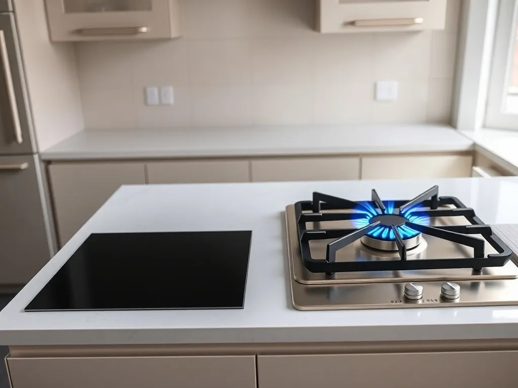 Nowoczesna kuchnia z blatem podzielonym na płytę indukcyjną i gazową, ukazująca różnice między typami kuchenek