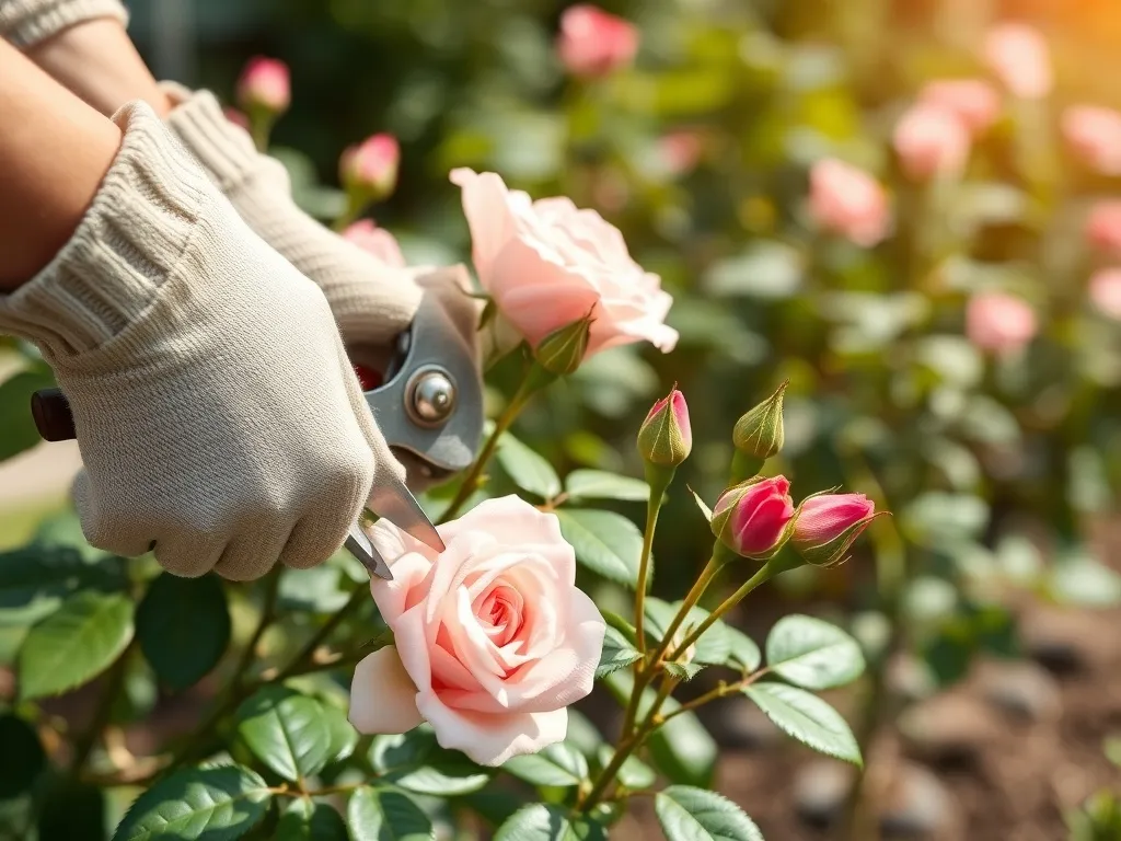 Ogrodnik w rękawicach przycina kwitnący krzew róży ostrymi sekatorami, pokazując prawidłową technikę cięcia.