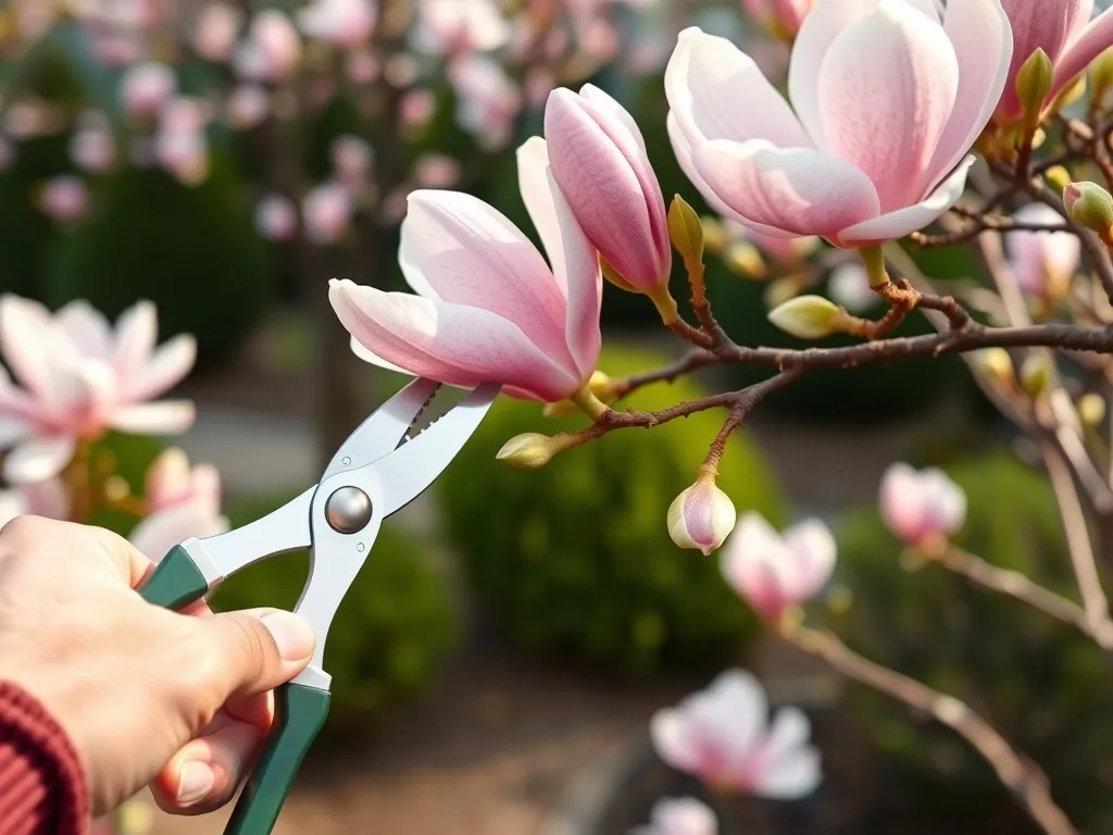 Ogrodnik delikatnie przycina kwitnącą gałąź magnolii sekatorem, pokazując prawidłowe cięcie wiosenne.