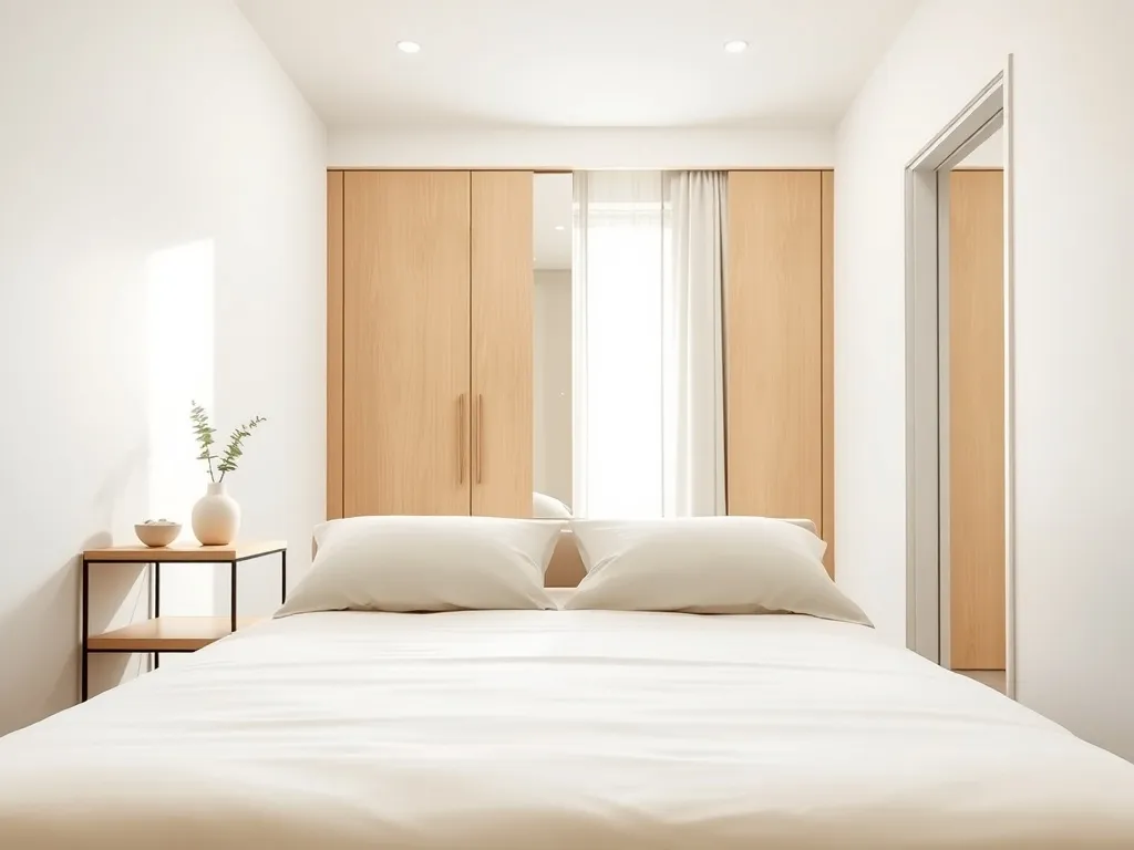 Wąska, jasna sypialnia w stylu skandynawskim z prostym łóżkiem, szafą, lustrem i oknem optycznie powiększającym przestrzeń.