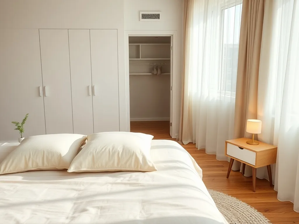 Przytulna, nowocześnie urządzona sypialnia w neutralnych barwach, pokazująca harmonijny układ łóżka, szaf i oświetlenia.