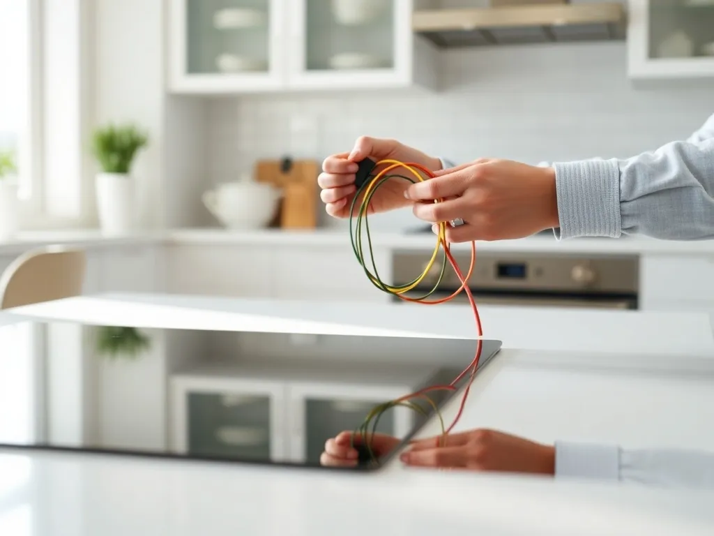 Podłączanie kolorowych przewodów do gniazda ściennego przy nowoczesnej płycie indukcyjnej na kuchennym blacie
