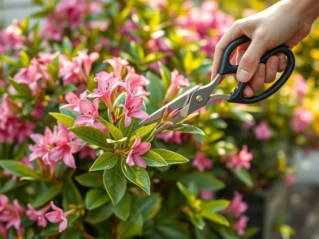 Dłoń ogrodnika przycina kwitnący oleander sekatorem, pokazując prawidłowe skracanie pędów w słonecznym ogrodzie.