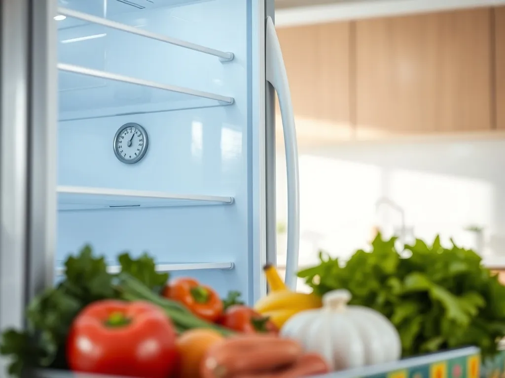 Otwarta nowoczesna lodówka z termometrem na półce, pokazującym prawidłową, chłodną temperaturę do przechowywania żywności.