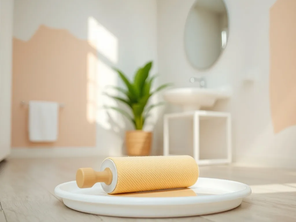 Wałek malarski na tacy z białą farbą w nowoczesnej, jasnej łazience z pastelową ścianą, podkreślenie efektu malowania.