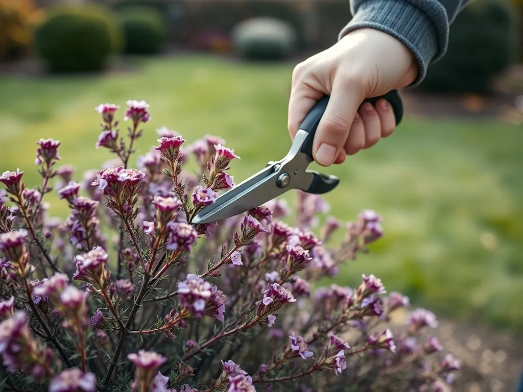 Dłonie przycinające kwitnące wrzosy sekatorem, pokazujące prawidłową technikę cięcia w jesiennym ogrodzie