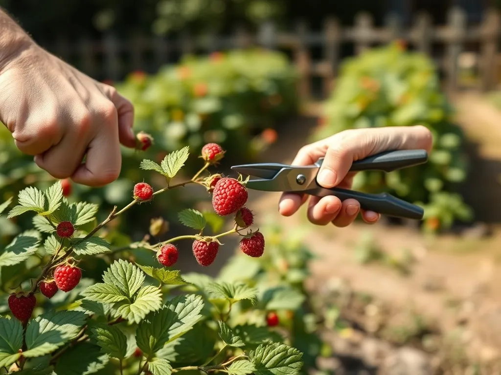 Ogrodnik przycina zdrowe pędy malin sekatorem, pokazując prawidłowe cięcie krzewów latem.