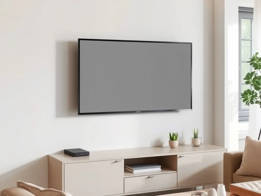 Telewizor na ścianie bez widocznych kabli w nowoczesnym salonie, jasne wnętrze z minimalistyczną szafką RTV i sofą.