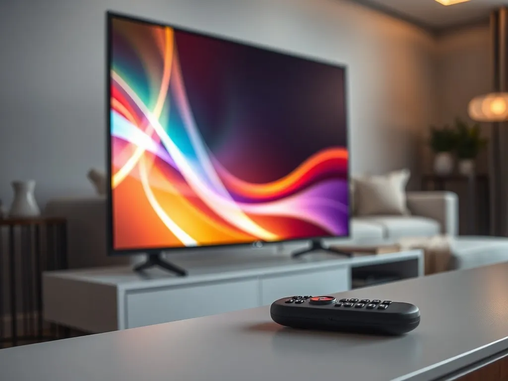 Nowoczesny telewizor z kolorową abstrakcyjną grafiką na ekranie, podkreślającą zaawansowaną technologię matryc w salonie.