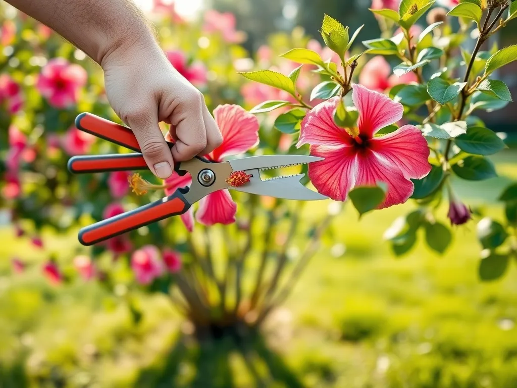 Ogrodnik przycina kwitnący krzew hibiskusa, pokazując prawidłowe cięcie dla zdrowego wzrostu i obfitego kwitnienia.