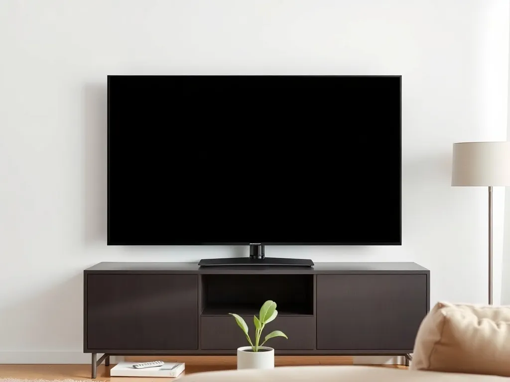 Telewizor wiszący na ścianie na wysokości oczu w nowoczesnym, minimalistycznym salonie z niską szafką RTV