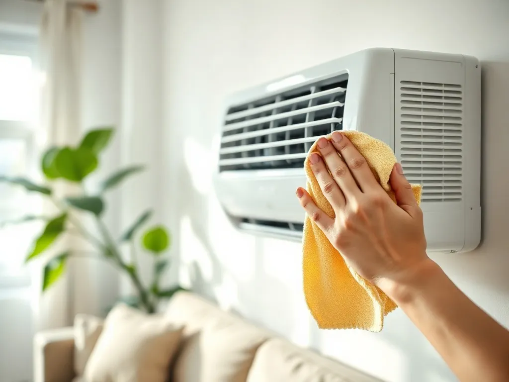 Dłonie czyszczą panel klimatyzatora miękką ściereczką w jasnym salonie, podkreślając domową pielęgnację i świeże powietrze.