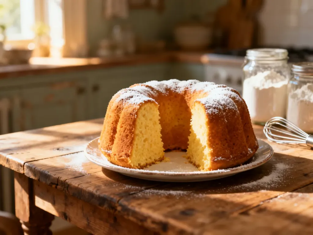 Świeżo upieczona, wilgotna babka posypana cukrem pudrem na rustykalnym stole w przytulnej kuchni.