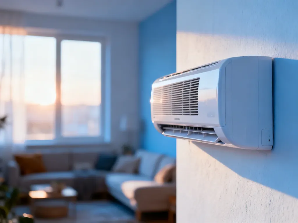 Nowoczesny klimatyzator typu split zamontowany na ścianie w przytulnym, nasłonecznionym salonie.