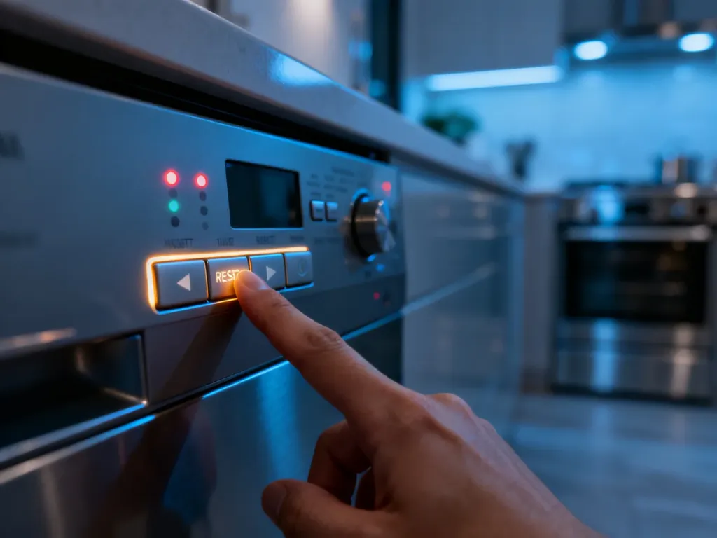 Dłoń naciskająca przycisk resetowania na panelu sterowania nowoczesnej zmywarki Electrolux.