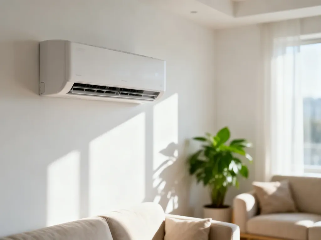 Nowoczesny klimatyzator typu split zamontowany na ścianie w jasnym, minimalistycznym salonie.