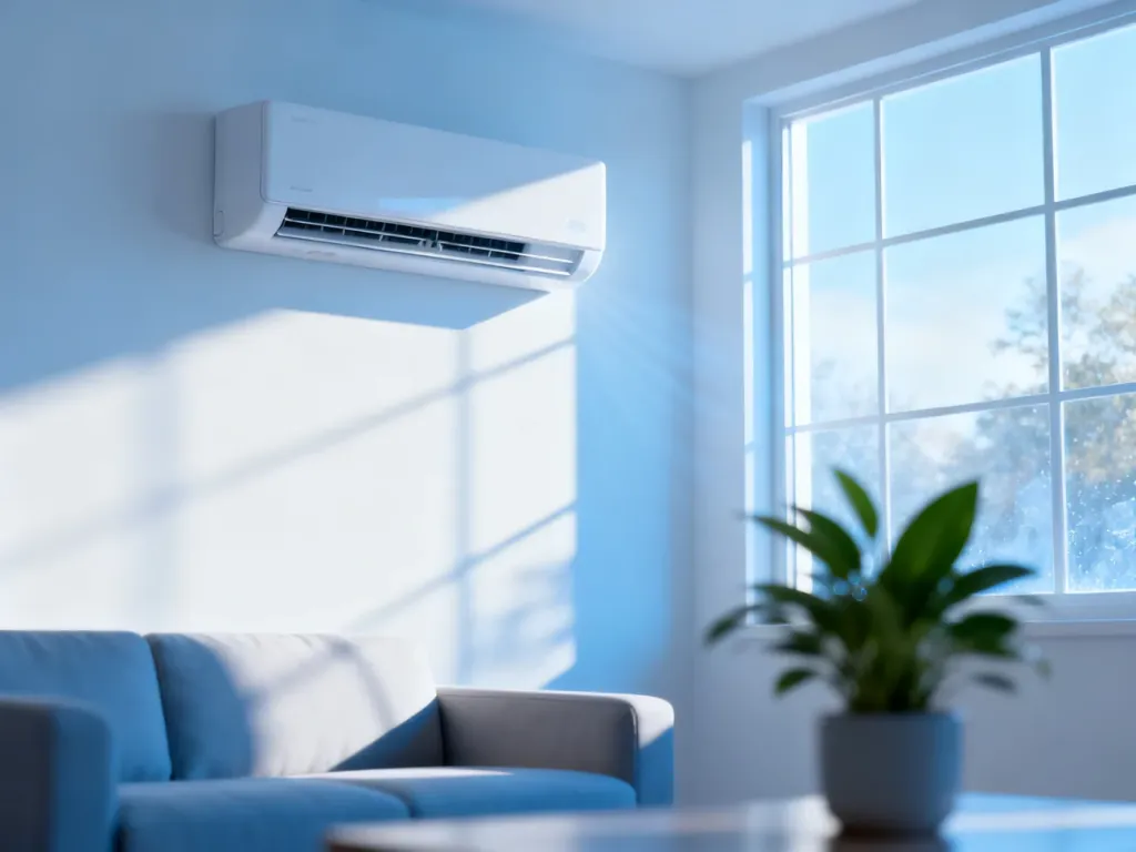 Nowoczesny klimatyzator ścienny w jasnym salonie, podkreślający komfort i estetykę domowego systemu chłodzenia.