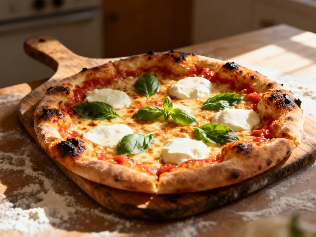 Świeżo upieczona pizza z chrupiącymi brzegami i roztopioną mozzarellą na drewnianej łopacie.