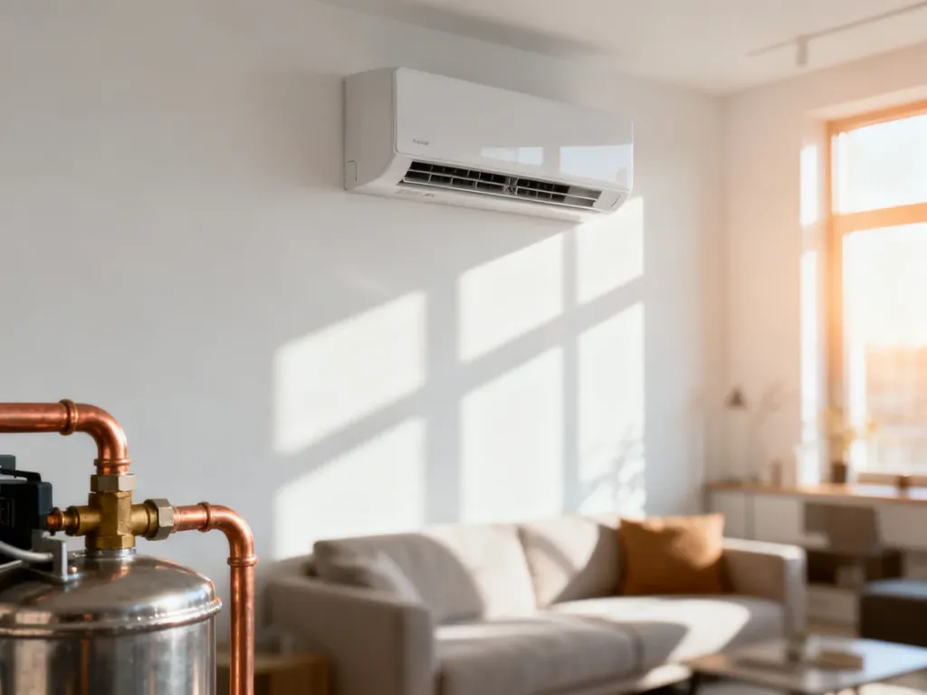 Nowoczesny klimatyzator zamontowany na białej ścianie w minimalistycznym salonie z widoczną instalacją miedzianą.