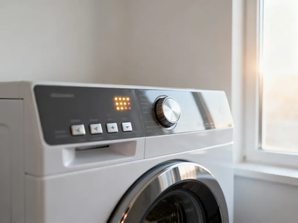 Panel sterowania nowoczesnej pralki Electrolux z podświetlanymi wskaźnikami LED i pokrętłem w jasnej pralni.