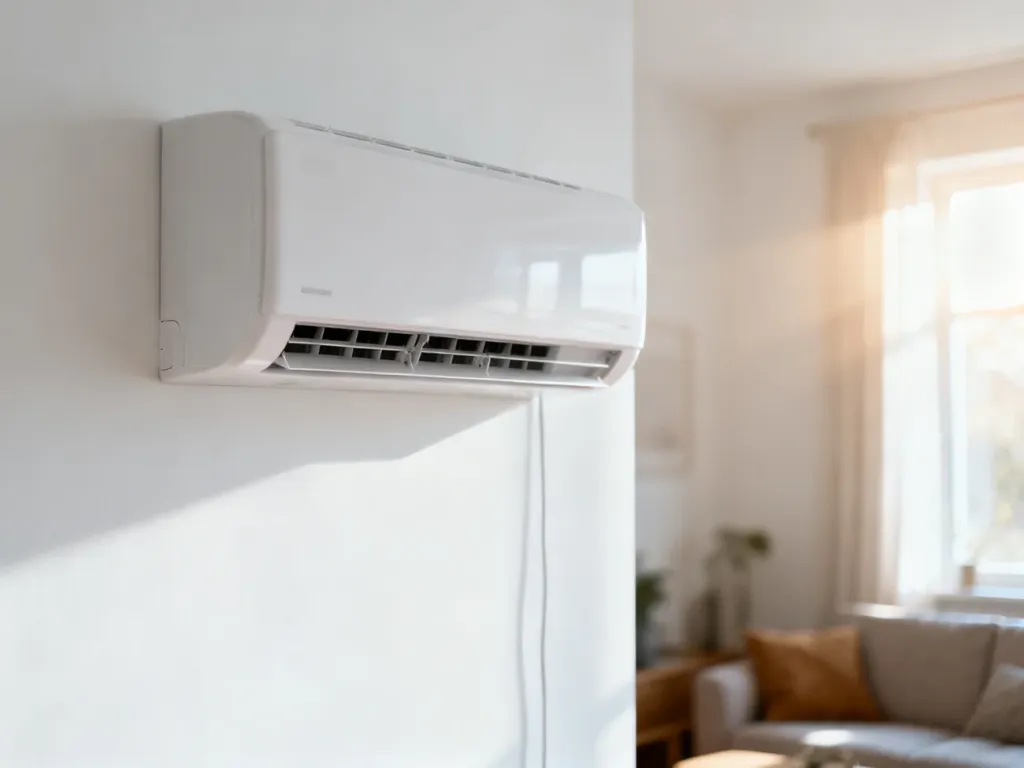 Nowoczesny klimatyzator ścienny zamontowany w jasnym, minimalistycznym salonie, zapewniający komfortową temperaturę w domu.